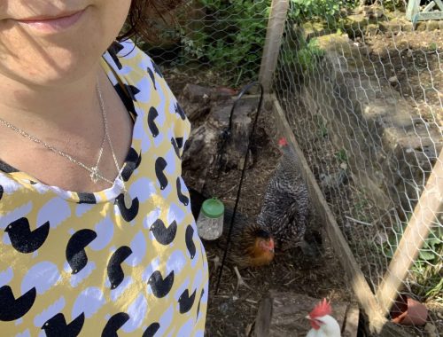 Rosie is wearing a yellow t-shirt with black and white chickens on it, standing in front of three chickens