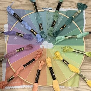 A rainbow phenology wheel to be used as a stitch journal. Each segment has a month of the year printed at the top. Rosie has laid emboroidery threads over each segment to match the colour of the segment.